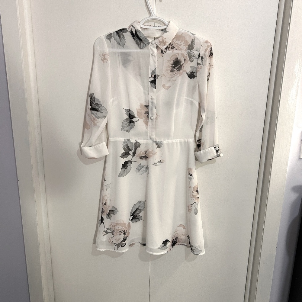 Dynamite White Floral 3/4 Sleeves Feminist A Line Skirt Above Knee Dress Size XS